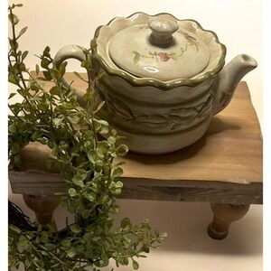 Vintage Small Ceramic Teapot Cream Green Embossed Leaf Floral Cottage Tea Pot